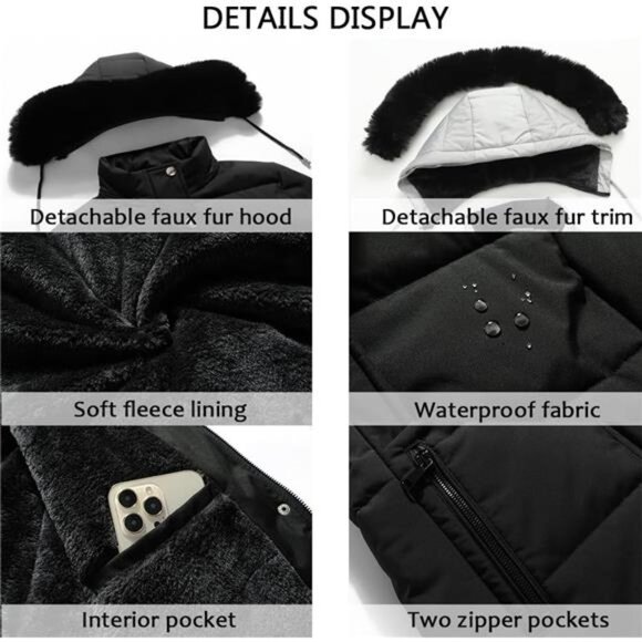 Women's Winter Puffer Coat Jacket Waterproof Black - Picture 5 of 6